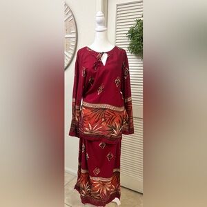 Women's Burgundy Printed Skirt Set with Botanical Border